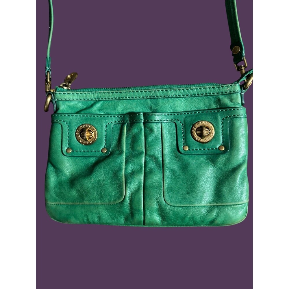 Marc by Marc Jacobs Green Leather Crossbody Purse Bag Turn Lock Brass Zipper